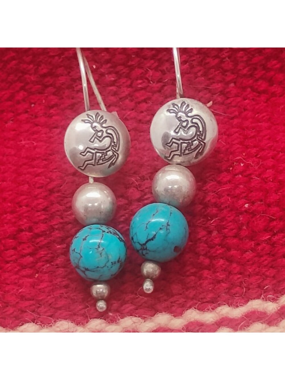 Sterling Silver Kokopelli Medallion Dangle Earrings w/Turquoise & Silver Beads - Picture 2 of 6